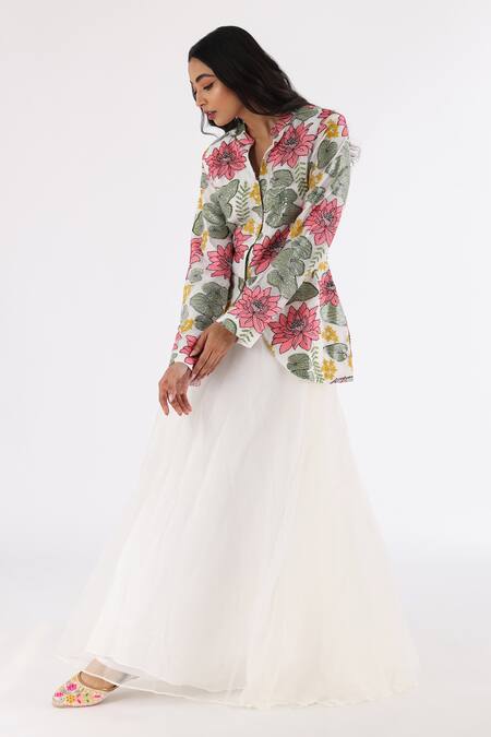 Shop_Nakita Singh_Off White Net, Organza Embroidery Bandeau Neck Jacket And Skirt Set_Online_at_Aza_Fashions