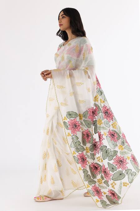 Nakita Singh_White Saree Organza Embroidered Thread And Sequin Work & Blouse Set  _Online_at_Aza_Fashions