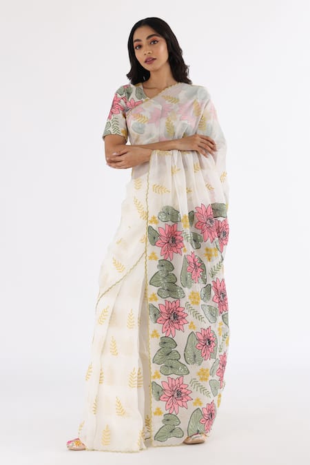 Buy_Nakita Singh_White Saree Organza Embroidered Thread And Sequin Work & Blouse Set  _Online_at_Aza_Fashions