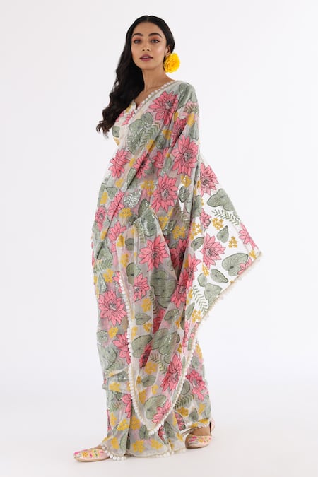 Nakita Singh_Off White Net Sequins, Embroidery Lotus Saree And Blouse Set_Online_at_Aza_Fashions