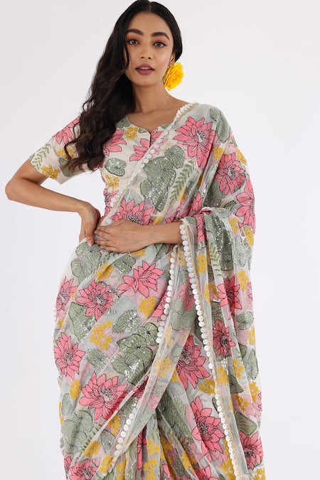 Buy_Nakita Singh_Off White Net Sequins, Embroidery Lotus Saree And Blouse Set_Online_at_Aza_Fashions