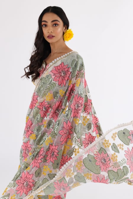Shop_Nakita Singh_Off White Net Sequins, Embroidery Lotus Saree And Blouse Set_Online_at_Aza_Fashions