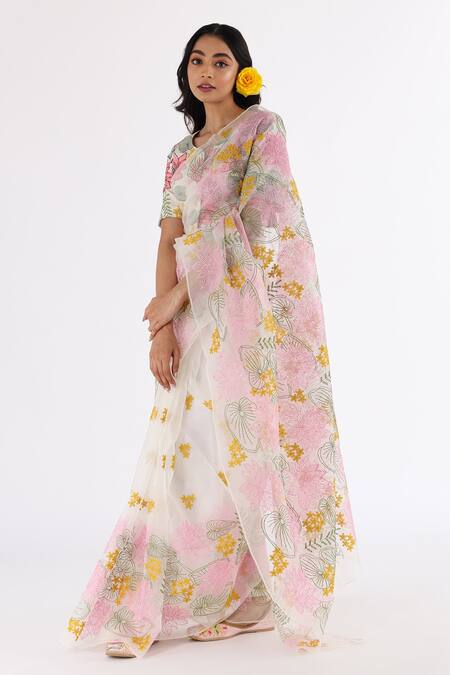 Nakita Singh_Off White Organza, Handloom Cotton Embroidery, Lotus Thread Saree And Blouse Set_Online_at_Aza_Fashions