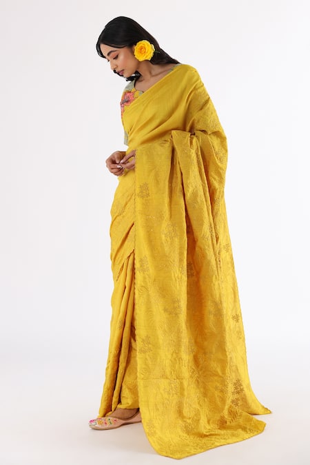 Nakita Singh_Yellow Satin, Silk Sequins, Embroidery Asymmetric Thread Saree And Blouse Set_Online_at_Aza_Fashions