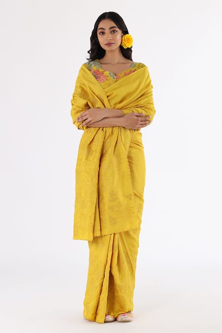 Buy_Nakita Singh_Yellow Satin, Silk Sequins, Embroidery Asymmetric Thread Saree And Blouse Set_Online_at_Aza_Fashions