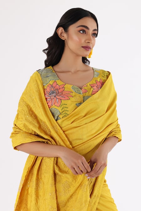 Shop_Nakita Singh_Yellow Satin, Silk Sequins, Embroidery Asymmetric Thread Saree And Blouse Set_Online_at_Aza_Fashions