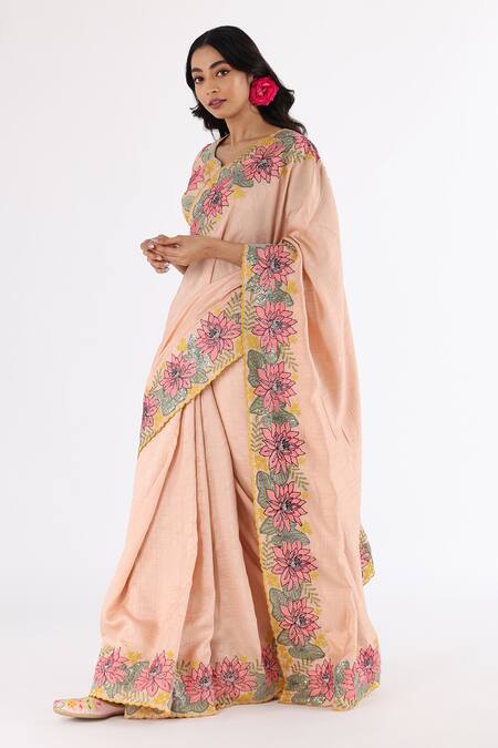 Nakita Singh_Pink Satin, Silk Sequins, Embroidery Boat Neck Floral Saree And Blouse Set_Online_at_Aza_Fashions