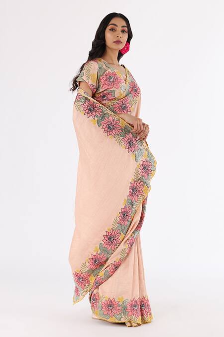 Buy_Nakita Singh_Pink Satin, Silk Sequins, Embroidery Boat Neck Floral Saree And Blouse Set_Online_at_Aza_Fashions