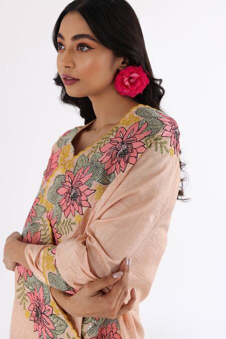 Shop_Nakita Singh_Pink Satin, Silk Sequins, Embroidery Boat Neck Floral Saree And Blouse Set_Online_at_Aza_Fashions