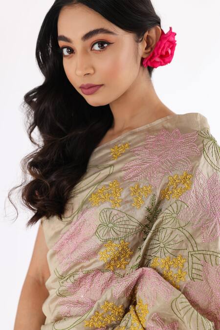 Shop_Nakita Singh_Grey Silk Sequins, Embroidery Round Neck Handwoven Saree With Blouse_Online_at_Aza_Fashions