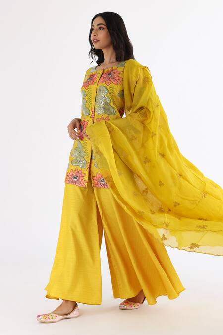 Nakita Singh_Yellow Satin, Silk Embroidery, Sequins Square Neck Lotus Kurta Set_Online_at_Aza_Fashions