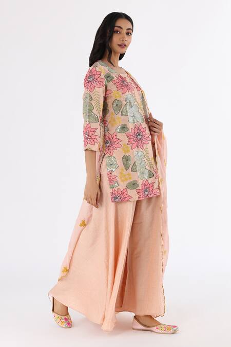 Buy_Nakita Singh_Yellow Satin, Silk Embroidery, Sequins, Cut Work Round Lotus Thread Kurta Set_Online_at_Aza_Fashions