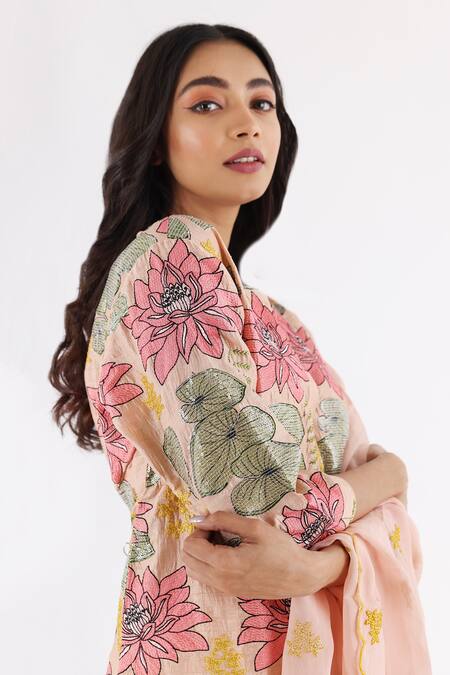 Shop_Nakita Singh_Yellow Satin, Silk Embroidery, Sequins, Cut Work Round Lotus Thread Kurta Set_Online_at_Aza_Fashions