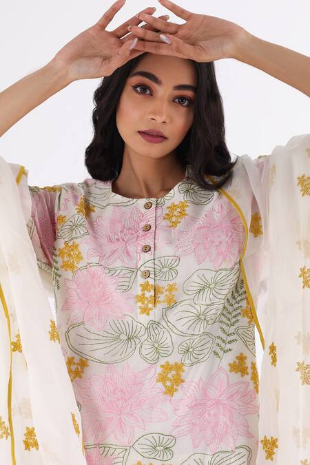 Shop_Nakita Singh_White Silk, Organza, Embroidery Round Neck Kurta Set_Online_at_Aza_Fashions