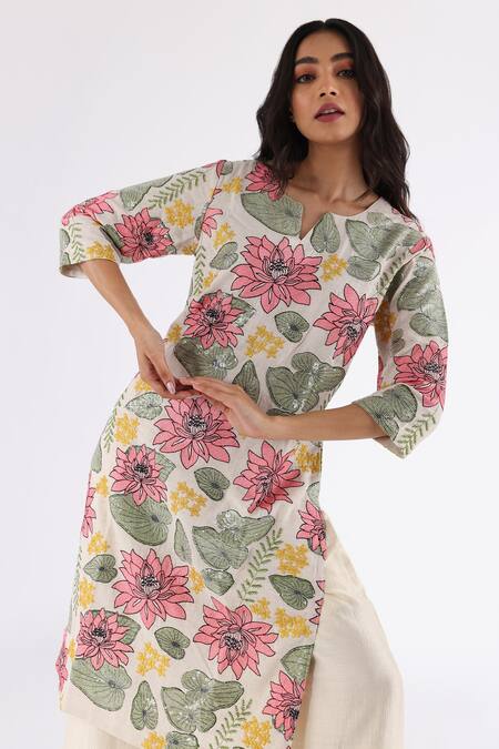 Buy_Nakita Singh_Off White Satin, Silk Embroidery, Sequins Round Neck Lotus Kurta And Pyjama Set_Online_at_Aza_Fashions