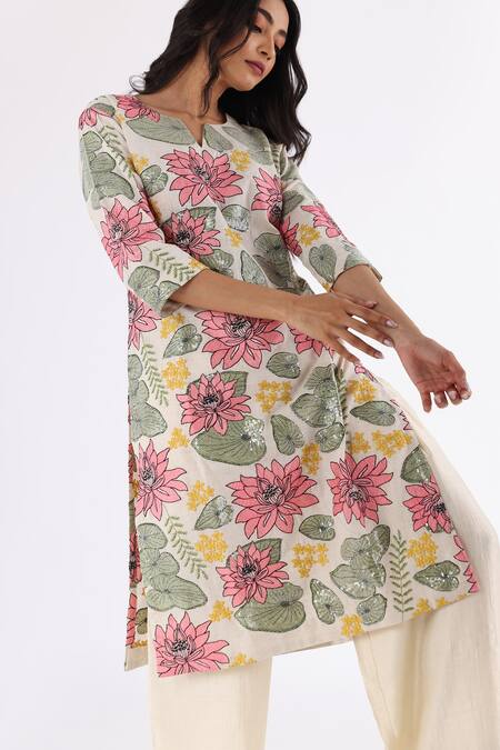 Shop_Nakita Singh_Off White Satin, Silk Embroidery, Sequins Round Neck Lotus Kurta And Pyjama Set_Online_at_Aza_Fashions