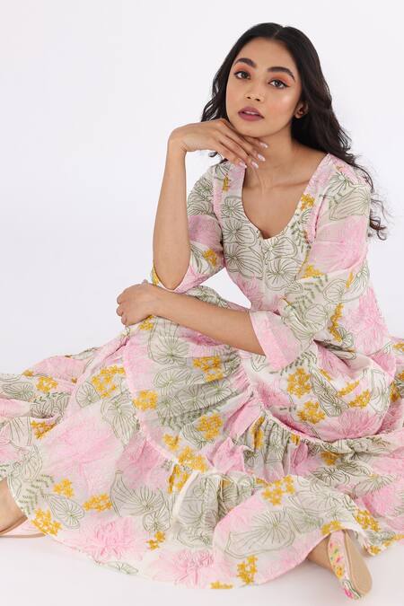 Buy_Nakita Singh_White Chanderi Silk, Organza Embroidery Round Neck Dress With Dupatta_Online_at_Aza_Fashions