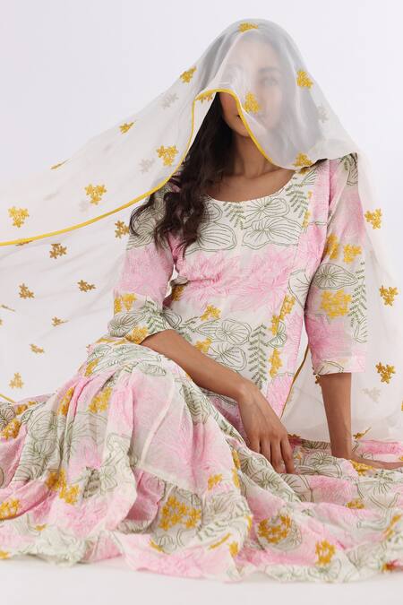 Shop_Nakita Singh_White Chanderi Silk, Organza Embroidery Round Neck Dress With Dupatta_Online_at_Aza_Fashions