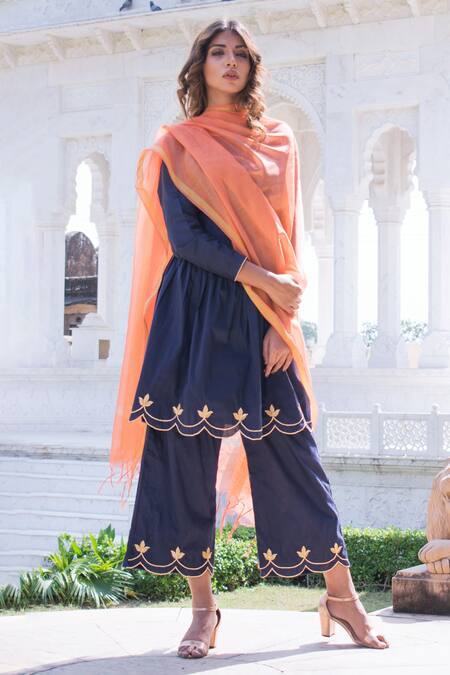 The Home Affair_Blue Cotton, Silk Gota Patti Round Neck Scalloped Hem Short Kurta Palazzo Set _Online_at_Aza_Fashions