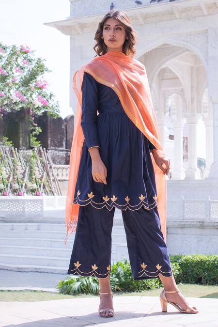 Buy_The Home Affair_Blue Cotton, Silk Gota Patti Round Neck Scalloped Hem Short Kurta Palazzo Set _Online_at_Aza_Fashions