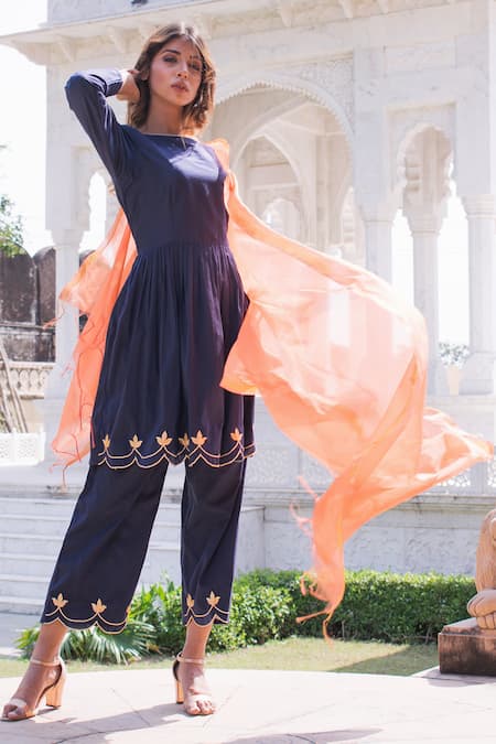 Shop_The Home Affair_Blue Cotton, Silk Gota Patti Round Neck Scalloped Hem Short Kurta Palazzo Set _Online_at_Aza_Fashions