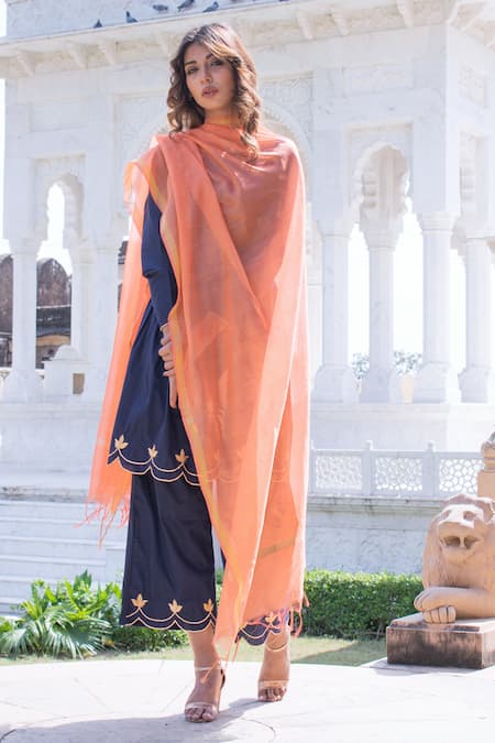 The Home Affair Blue Cotton, Silk Gota Patti Round Neck Scalloped Hem Short Kurta Palazzo Set at Aza Fashions The Home Affair_Blue Cotton, Silk Gota Patti Round Neck Scalloped Hem Short Kurta Palazzo Set _at_Aza_Fashions