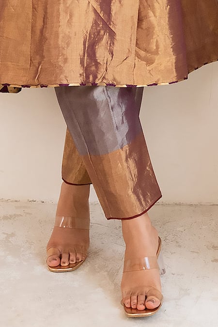 Shop_Pairaahan_Purple Kurta And Pant Tissue Metallic Colour Block Set With Chanderi Dupatta_Online_at_Aza_Fashions