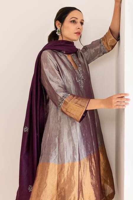 Pairaahan_Purple Kurta And Pant Tissue Metallic Colour Block Set With Chanderi Dupatta_at_Aza_Fashions