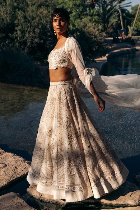 Sahil Kochhar_Ivory Organza, Net Embroidery, Beads Scoop Neck Naaz Lehenga And Blouse Set _Online_at_Aza_Fashions