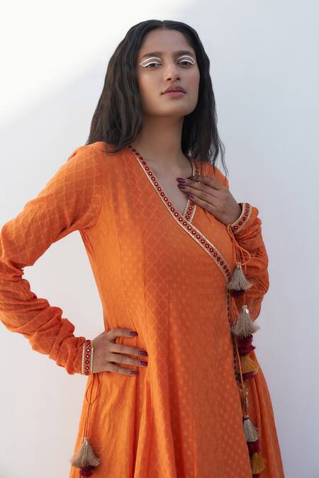 Nadima Saqib Orange , Cotton Zari, Mirrors Floral Print Angrakha Anarkali Online at Aza Fashions Nadima Saqib_Orange , Cotton Zari, Mirrors Floral Print Angrakha Anarkali _Online_at_Aza_Fashions