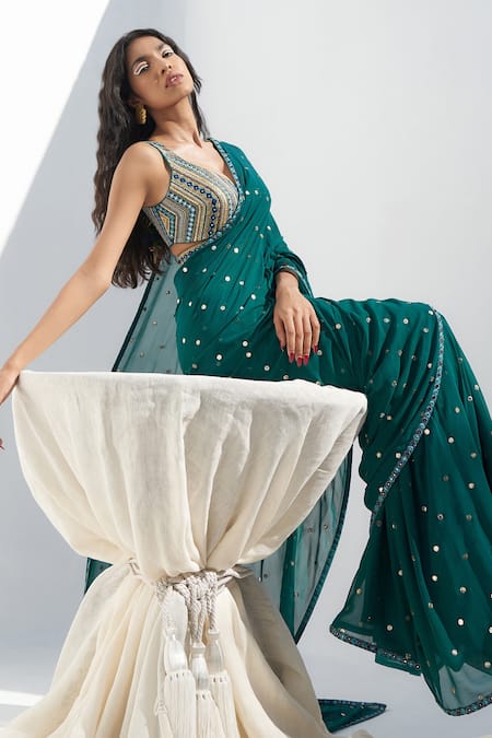 Nadima Saqib_Green Georgette Mirrors, Zari Embroidered Saree _Online_at_Aza_Fashions