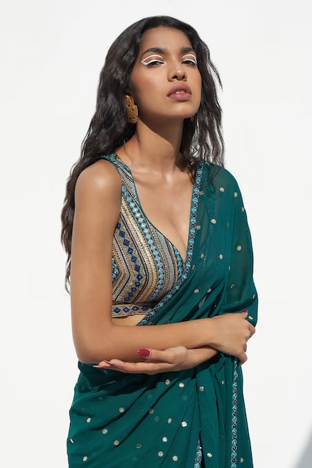 Shop_Nadima Saqib_Green Georgette Mirrors, Zari Embroidered Saree _Online_at_Aza_Fashions