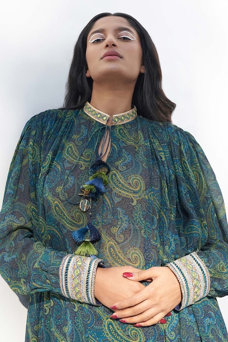 Nadima Saqib Blue Georgette Mirrors, Embroidery Collared Paisley Print Kurta Online at Aza Fashions Nadima Saqib_Blue Georgette Mirrors, Embroidery Collared Paisley Print Kurta _Online_at_Aza_Fashions