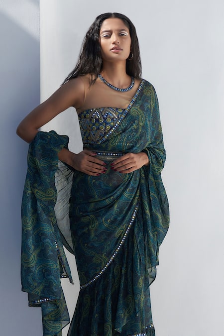 Nadima Saqib Green Georgette Mirrors Paisley Print Ruffle Saree Online at Aza Fashions Nadima Saqib_Green Georgette Mirrors Paisley Print Ruffle Saree _Online_at_Aza_Fashions