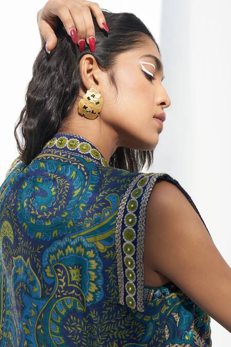 Nadima Saqib Blue Denim Embroidery, Mirrors Round Neck Paisley Print Long Jacket Online at Aza Fashions Nadima Saqib_Blue Denim Embroidery, Mirrors Round Neck Paisley Print Long Jacket _Online_at_Aza_Fashions