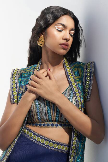 Buy Nadima Saqib Blue Denim Embroidery, Mirrors Round Neck Paisley Print Long Jacket Online at Aza Fashions Buy_Nadima Saqib_Blue Denim Embroidery, Mirrors Round Neck Paisley Print Long Jacket _Online_at_Aza_Fashions