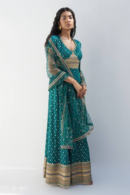 Buy Nadima Saqib Green Chanderi, Jacquard Mirrors, Embroidery V-neck Resham And Anarkali Online at Aza Fashions Buy_Nadima Saqib_Green Chanderi, Jacquard Mirrors, Embroidery V-neck Resham And Anarkali _Online_at_Aza_Fashions
