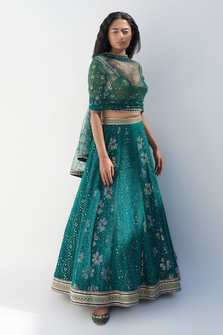 Nadima Saqib Green Tissue, Georgette, Tulle Embroidery, Mirrors V-neck Lucknowi Lehenga Set Online at Aza Fashions Nadima Saqib_Green Tissue, Georgette, Tulle Embroidery, Mirrors V-neck Lucknowi Lehenga Set _Online_at_Aza_Fashions