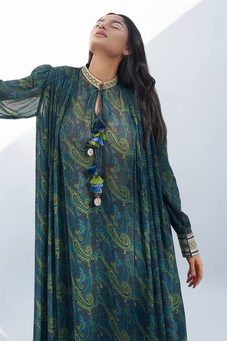 Buy Nadima Saqib Blue Georgette Mirrors, Embroidery Collared Paisley Print Kurta Online at Aza Fashions Buy_Nadima Saqib_Blue Georgette Mirrors, Embroidery Collared Paisley Print Kurta _Online_at_Aza_Fashions