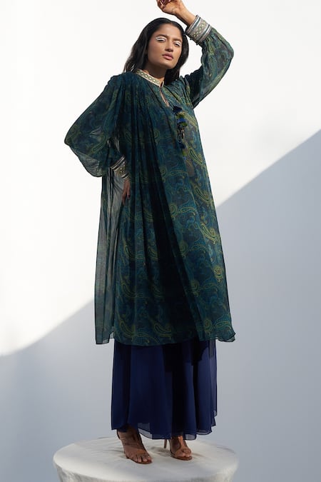 Shop Nadima Saqib Blue Georgette Mirrors, Embroidery Collared Paisley Print Kurta Online at Aza Fashions Shop_Nadima Saqib_Blue Georgette Mirrors, Embroidery Collared Paisley Print Kurta _Online_at_Aza_Fashions