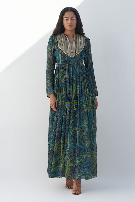 Nadima Saqib Blue Georgette Mirrors Split V-neck Paisley And Mandala Print Maxi Dress Online at Aza Fashions Nadima Saqib_Blue Georgette Mirrors Split V-neck Paisley And Mandala Print Maxi Dress _Online_at_Aza_Fashions