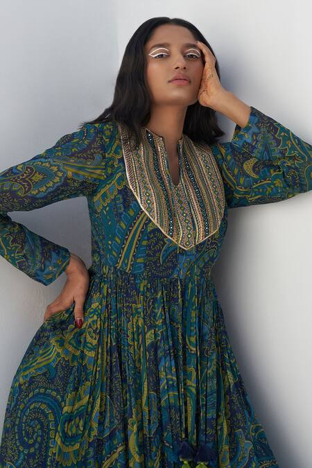 Buy Nadima Saqib Blue Georgette Mirrors Split V-neck Paisley And Mandala Print Maxi Dress Online at Aza Fashions Buy_Nadima Saqib_Blue Georgette Mirrors Split V-neck Paisley And Mandala Print Maxi Dress _Online_at_Aza_Fashions