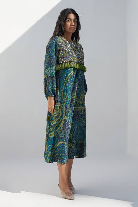 Nadima Saqib Blue Tassels, Mirrors Round Neck Paisley And Mandala Print Dress Online at Aza Fashions Nadima Saqib_Blue Tassels, Mirrors Round Neck Paisley And Mandala Print Dress _Online_at_Aza_Fashions