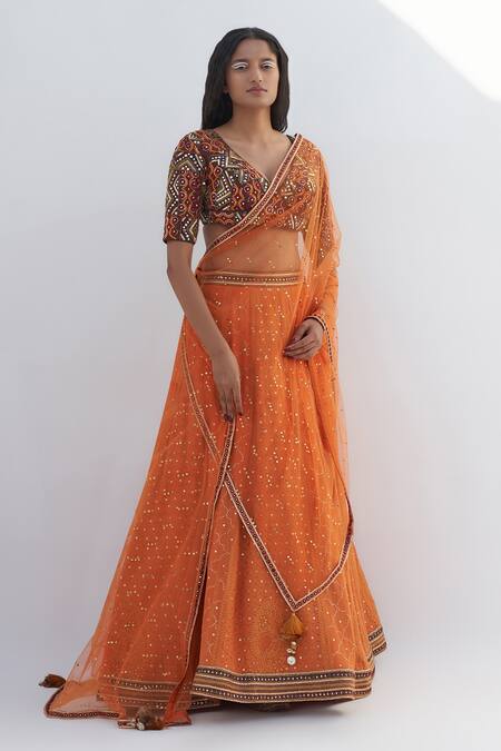 Nadima Saqib Orange Silk, Chanderi, Net Embroidery, Lucknowi Quatrefoil Lehenga Set Online at Aza Fashions Nadima Saqib_Orange Silk, Chanderi, Net Embroidery, Lucknowi Quatrefoil Lehenga Set _Online_at_Aza_Fashions