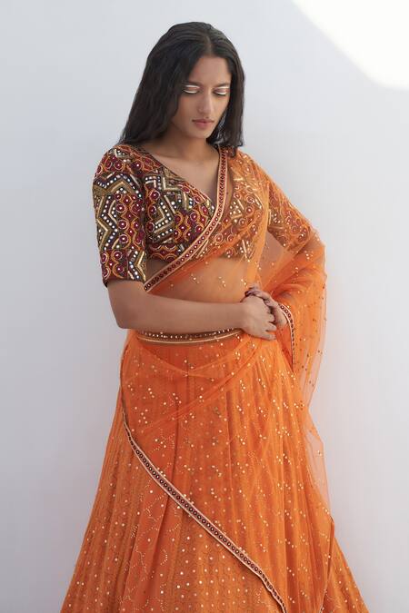 Buy Nadima Saqib Orange Silk, Chanderi, Net Embroidery, Lucknowi Quatrefoil Lehenga Set Online at Aza Fashions Buy_Nadima Saqib_Orange Silk, Chanderi, Net Embroidery, Lucknowi Quatrefoil Lehenga Set _Online_at_Aza_Fashions