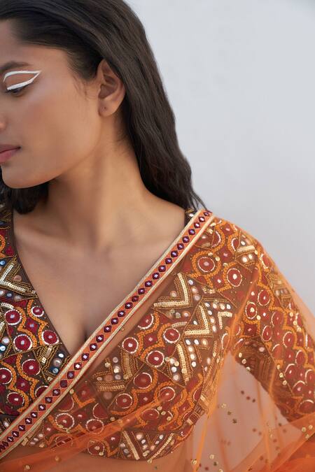 Shop Nadima Saqib Orange Silk, Chanderi, Net Embroidery, Lucknowi Quatrefoil Lehenga Set Online at Aza Fashions Shop_Nadima Saqib_Orange Silk, Chanderi, Net Embroidery, Lucknowi Quatrefoil Lehenga Set _Online_at_Aza_Fashions