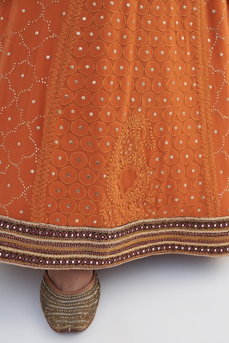 Nadima Saqib Orange Silk, Chanderi, Net Embroidery, Lucknowi Quatrefoil Lehenga Set at Aza Fashions Nadima Saqib_Orange Silk, Chanderi, Net Embroidery, Lucknowi Quatrefoil Lehenga Set _at_Aza_Fashions