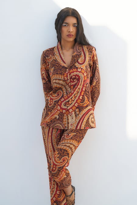 Nadima Saqib_Brown Silk Paisley And Mandala Print Blazer With Pant _Online_at_Aza_Fashions