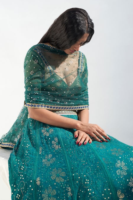 Buy Nadima Saqib Green Tissue, Georgette, Tulle Embroidery, Mirrors V-neck Lucknowi Lehenga Set Online at Aza Fashions Buy_Nadima Saqib_Green Tissue, Georgette, Tulle Embroidery, Mirrors V-neck Lucknowi Lehenga Set _Online_at_Aza_Fashions