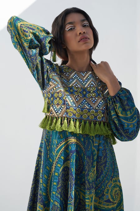 Buy Nadima Saqib Blue Tassels, Mirrors Round Neck Paisley And Mandala Print Dress Online at Aza Fashions Buy_Nadima Saqib_Blue Tassels, Mirrors Round Neck Paisley And Mandala Print Dress _Online_at_Aza_Fashions